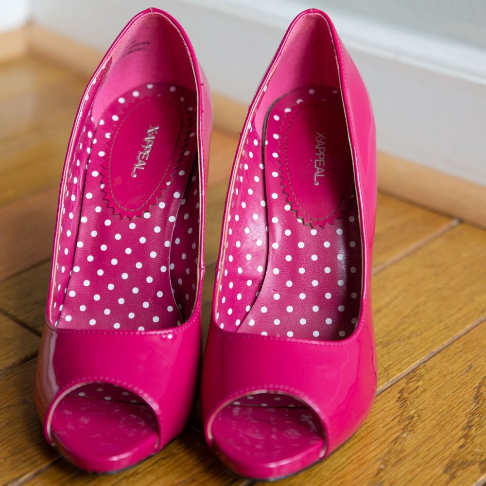 X-Appeal Kitty Fuchsia Pink Open Toe 4 Inch Patent Heel | Size 8